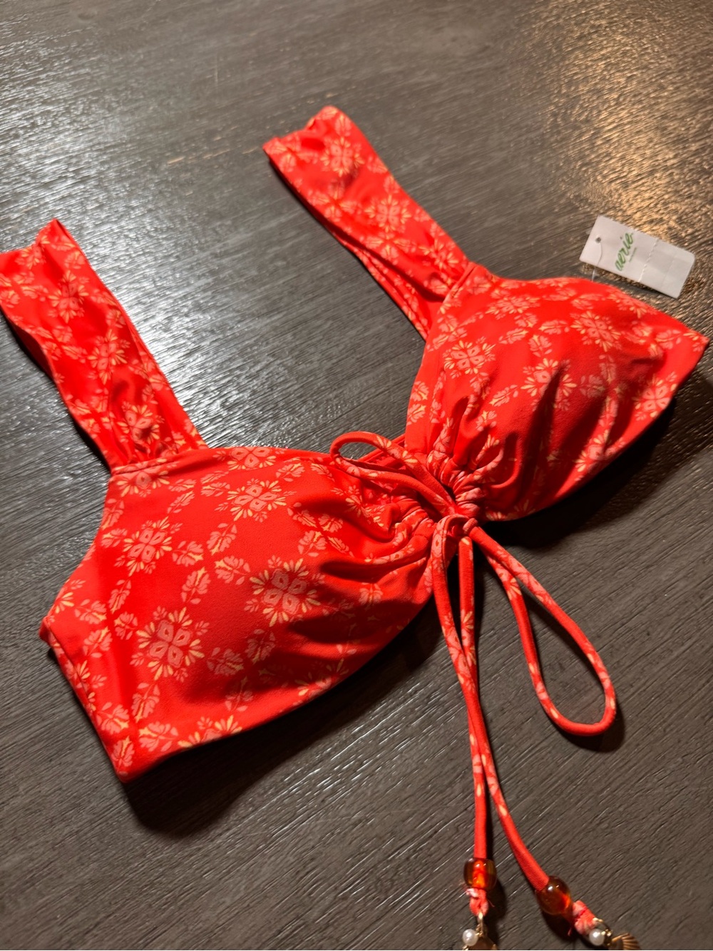 NWT Aerie Keyhole Bandeau Bikini Top Orange Flare Boho Beaded S - Picture 4 of 12